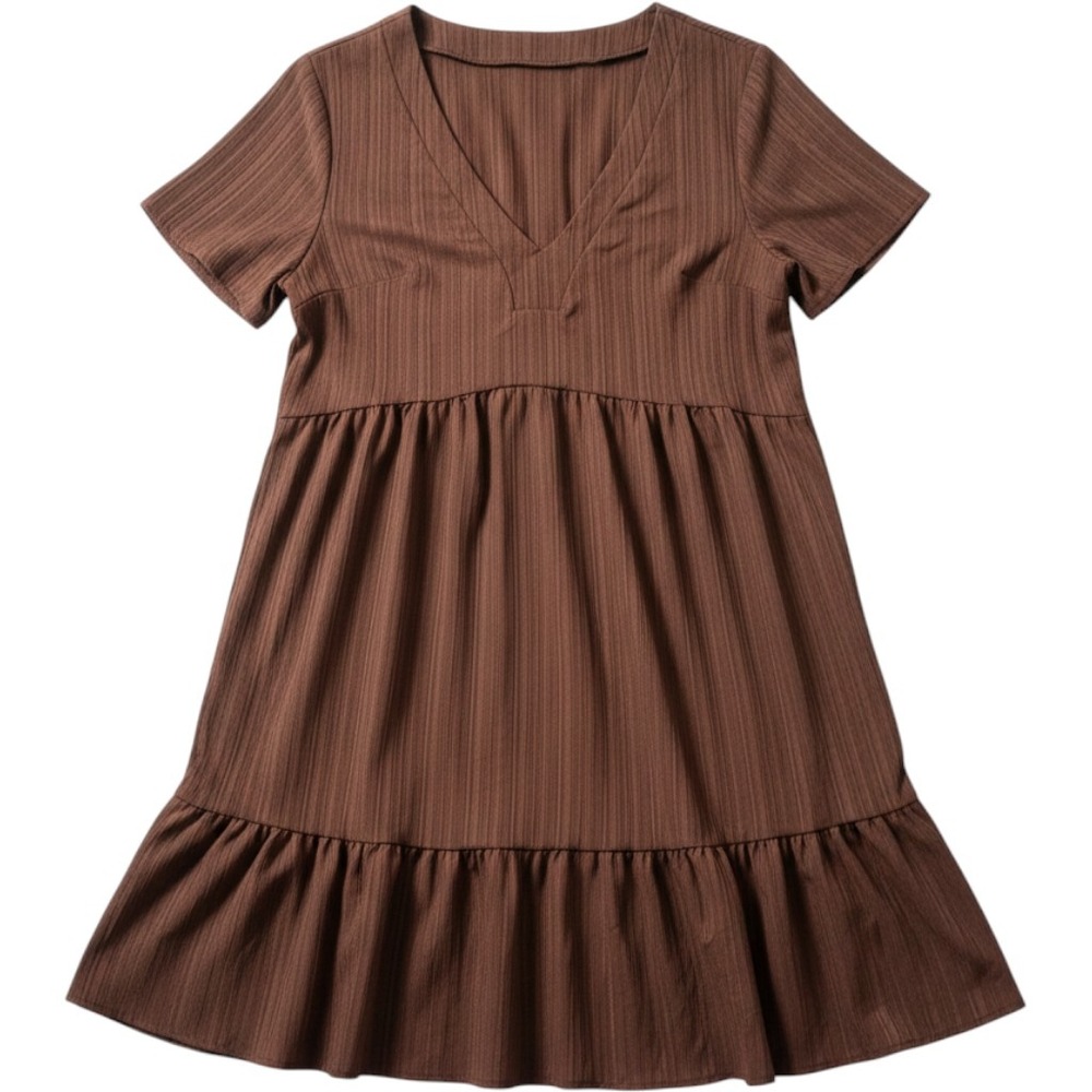 Brown V-Neck Babydoll Tiered Short Sleeve Mini Dress Boho Relaxed Fit Large